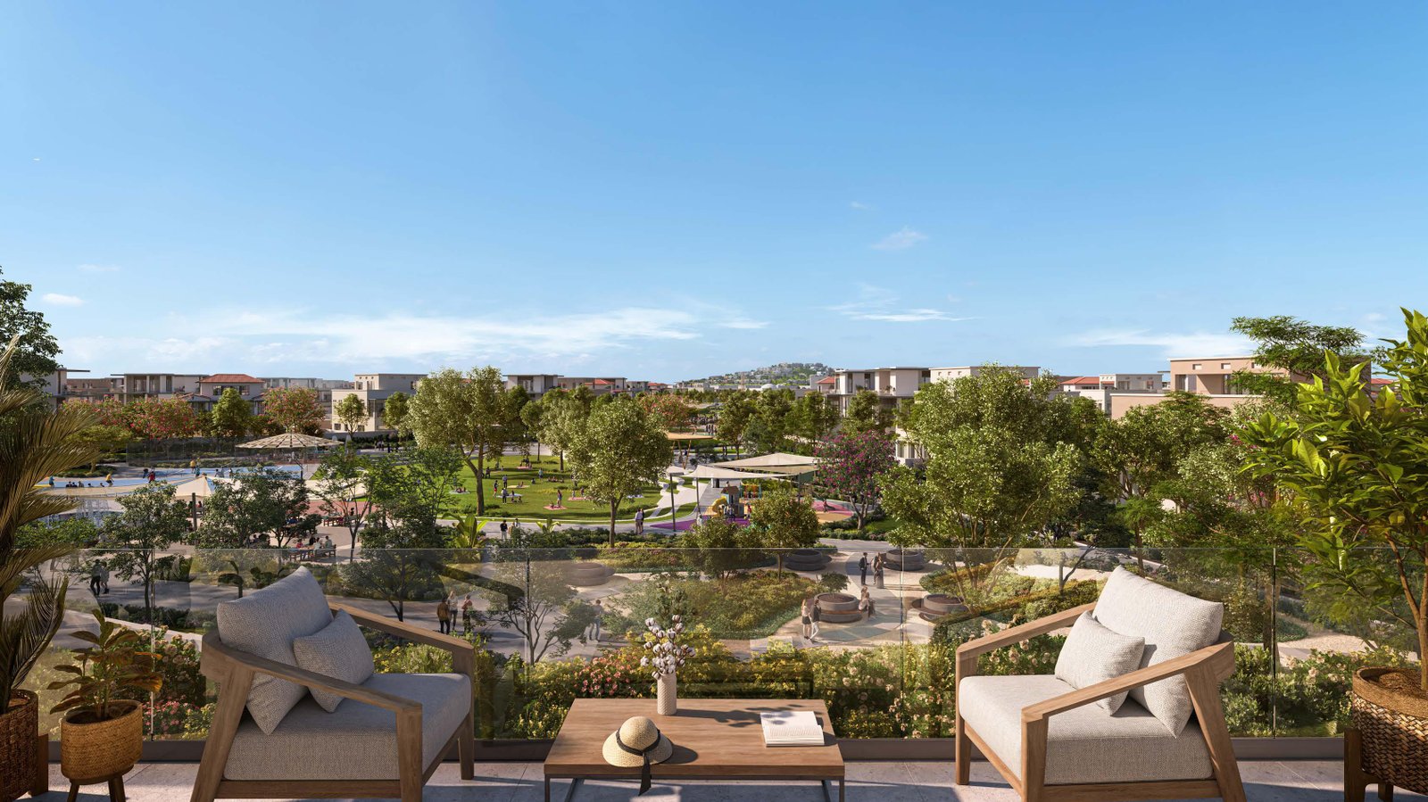 Scenic streetscape of Wadeem community featuring landscaped paths and exclusive villa plots on Hudayriyat Island